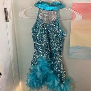 blue sequin and feathers dance costume